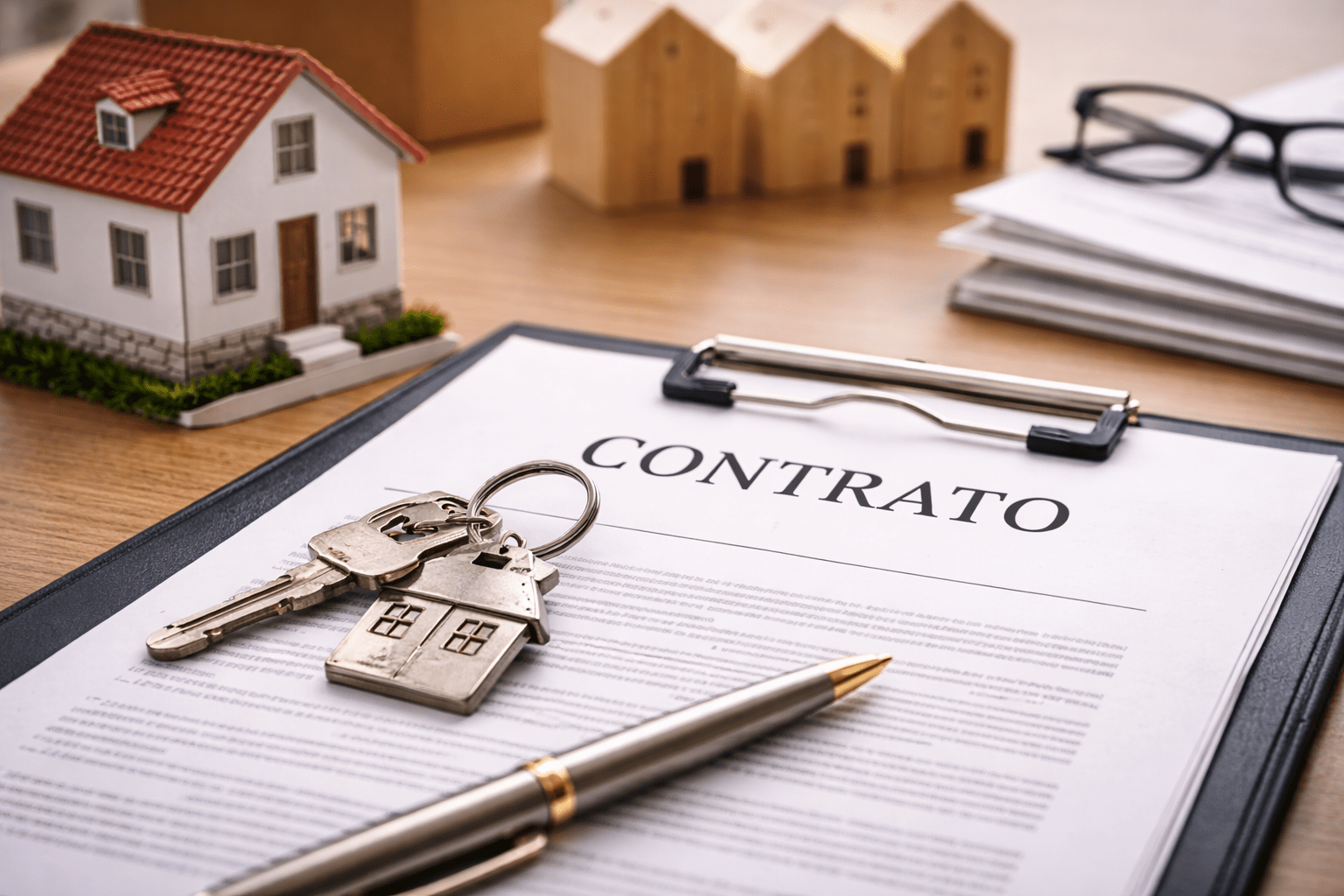 Contrato de compraventa de vivienda con llaves y maqueta de casa sobre mesa de despacho